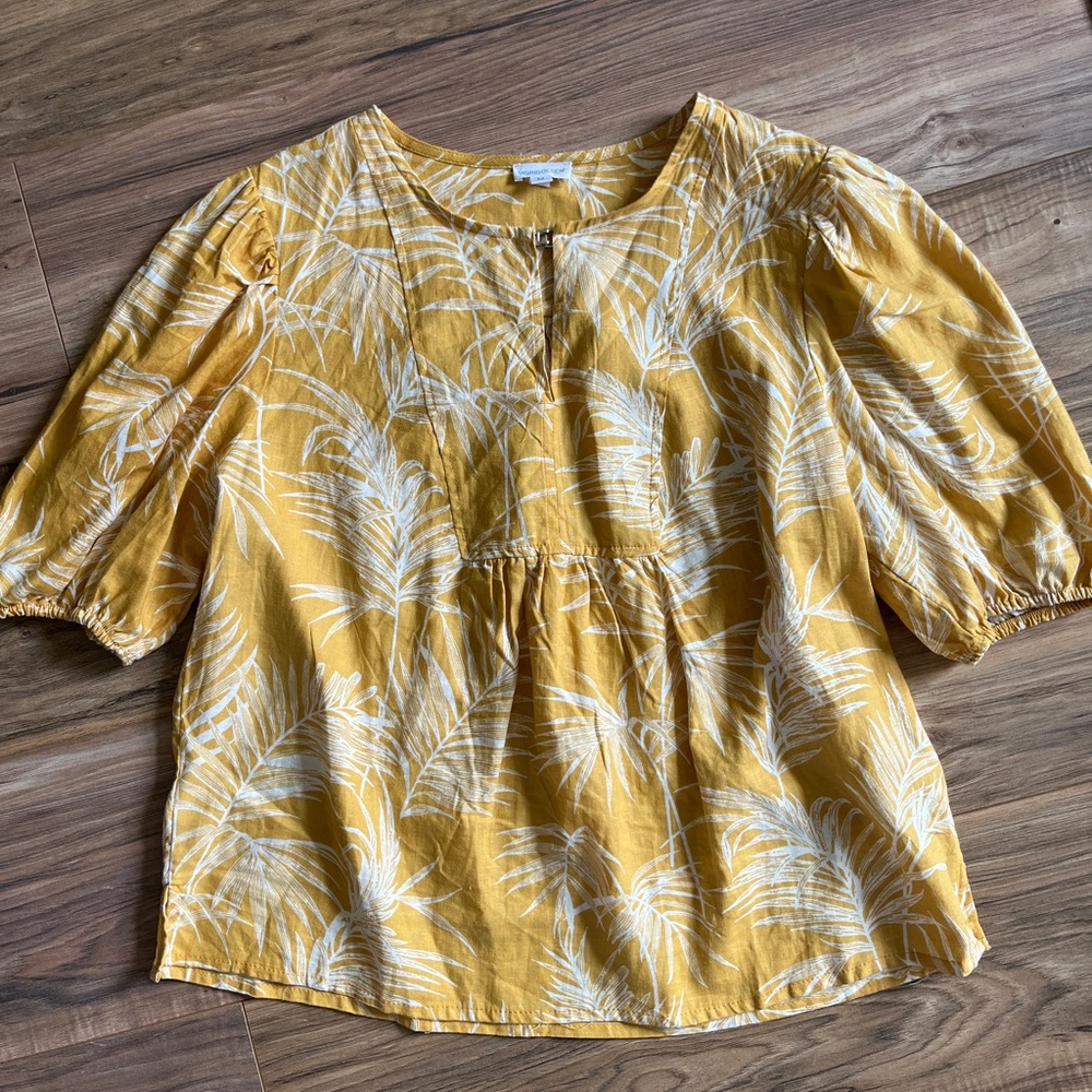 Sigrid Olsen Linen Blouse – Women’s Size M – Yellow Palm Print